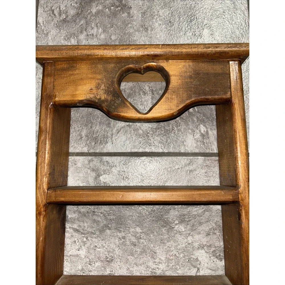 Vintage Wooden Three Tiered Wall Shelf‎ Heart Cutout Handmade Country Decor